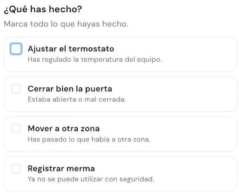 Opciones de actuación en Qamarero: ajustar el termostato, cerrar la puerta, mover a otra zona o registrar merma