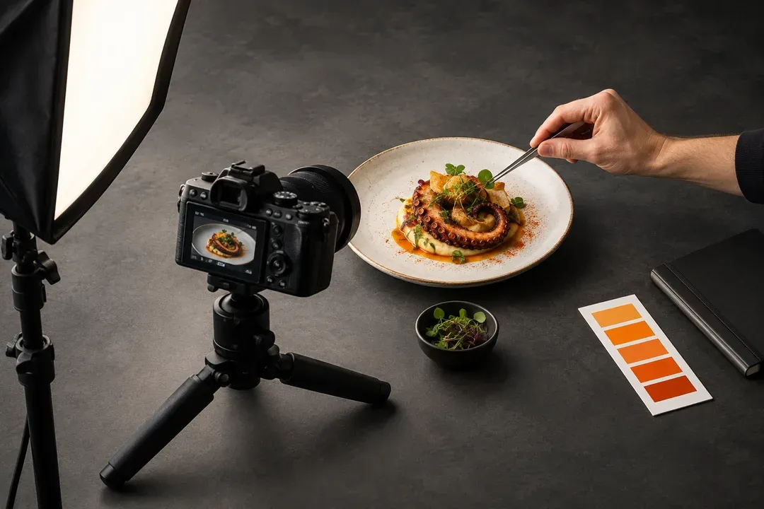 Ilustración generada con IA: una producción de fotografía gastronómica con cámara, iluminación y estilismo de un plato.