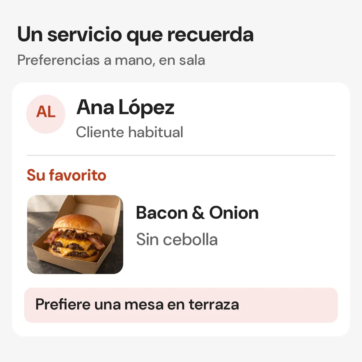 Ficha de una clienta habitual, su plato favorito y preferencia de mesa.