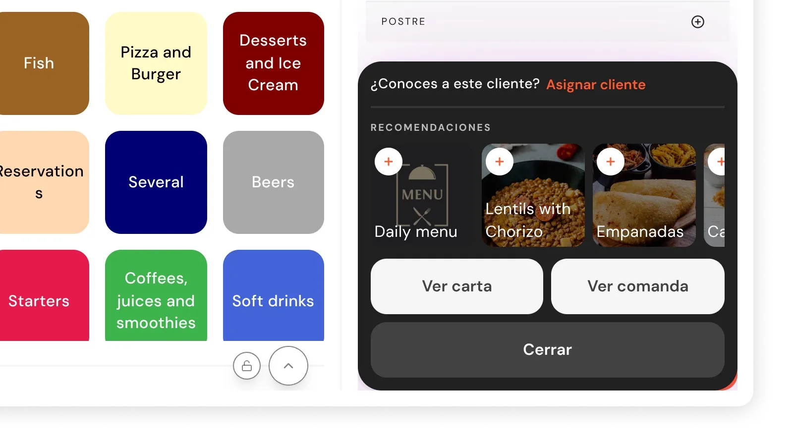 Panel del Asistente en sala sin cliente asignado mostrando los productos más pedidos del restaurante