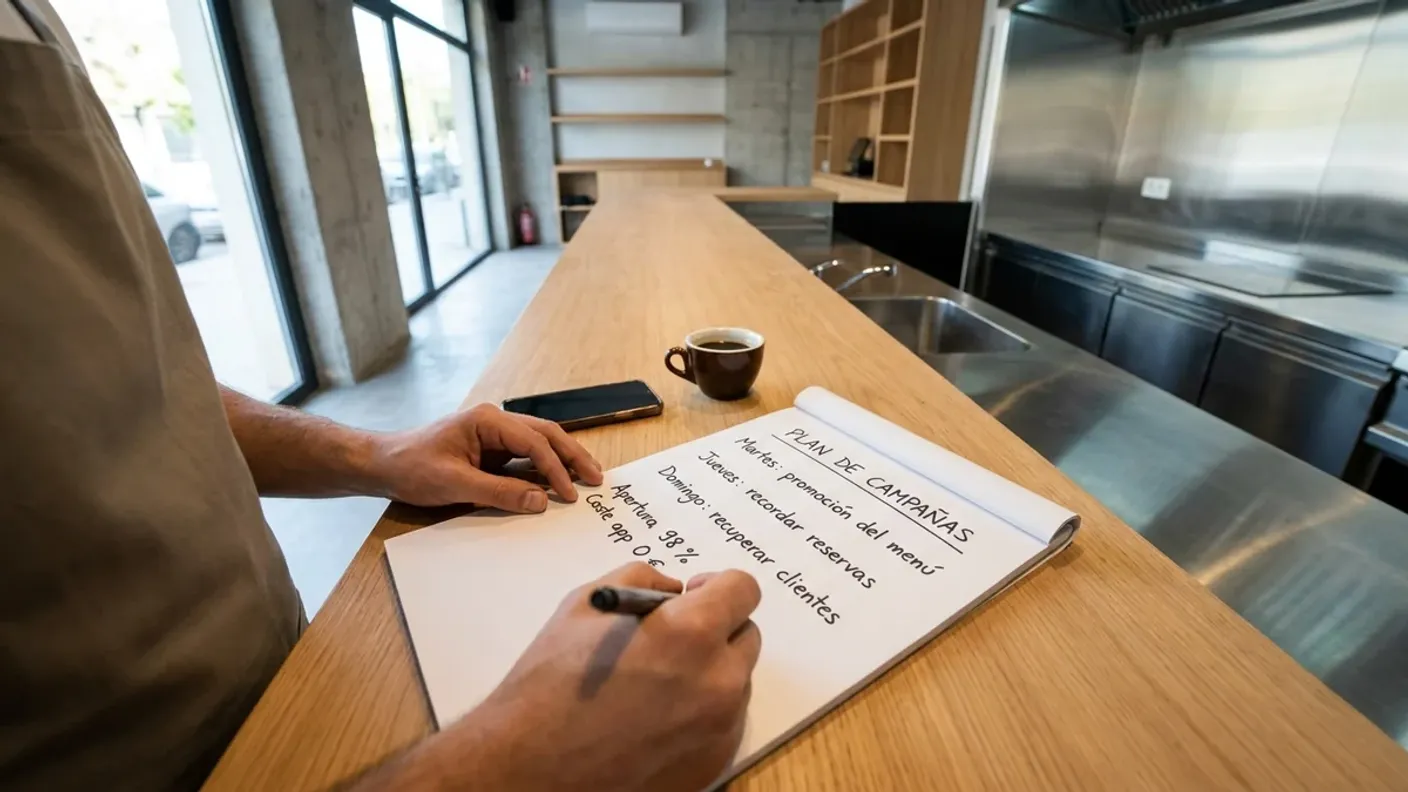 Plan de campañas de WhatsApp para restaurantes escrito a mano sobre la barra de un local