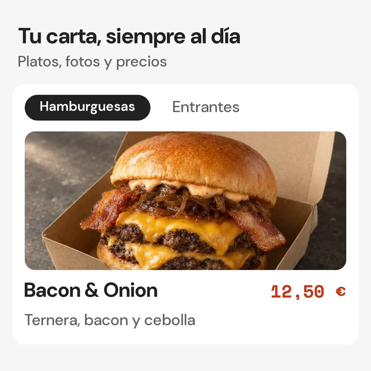 Carta digital con categorías, fotografía del plato, descripción y precio.