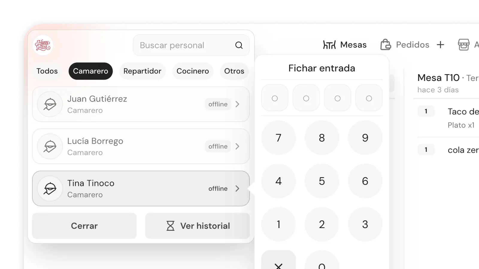 PIN clock-in screen on the POS