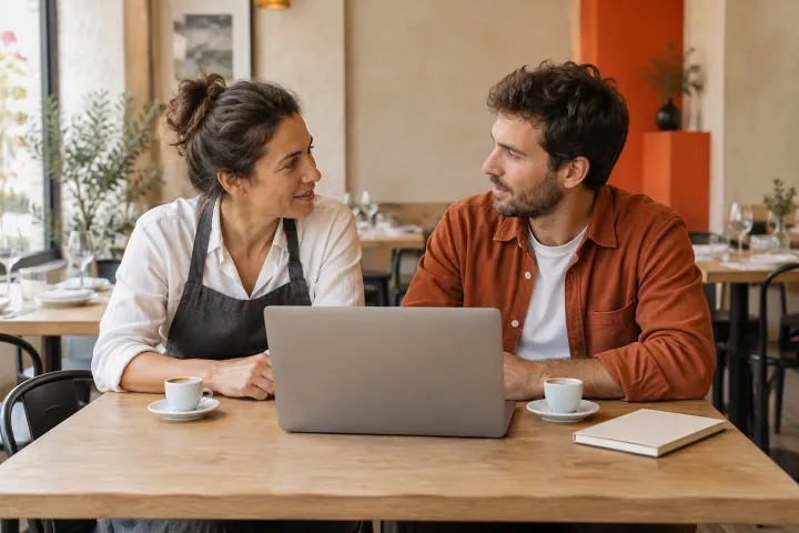 Escena ilustrativa generada con IA: una hostelera y un consultor conversan en un restaurante.