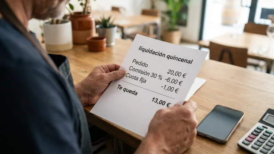 Hostelero revisa la liquidación quincenal de Glovo con la comisión por pedido y lo que le queda al restaurante