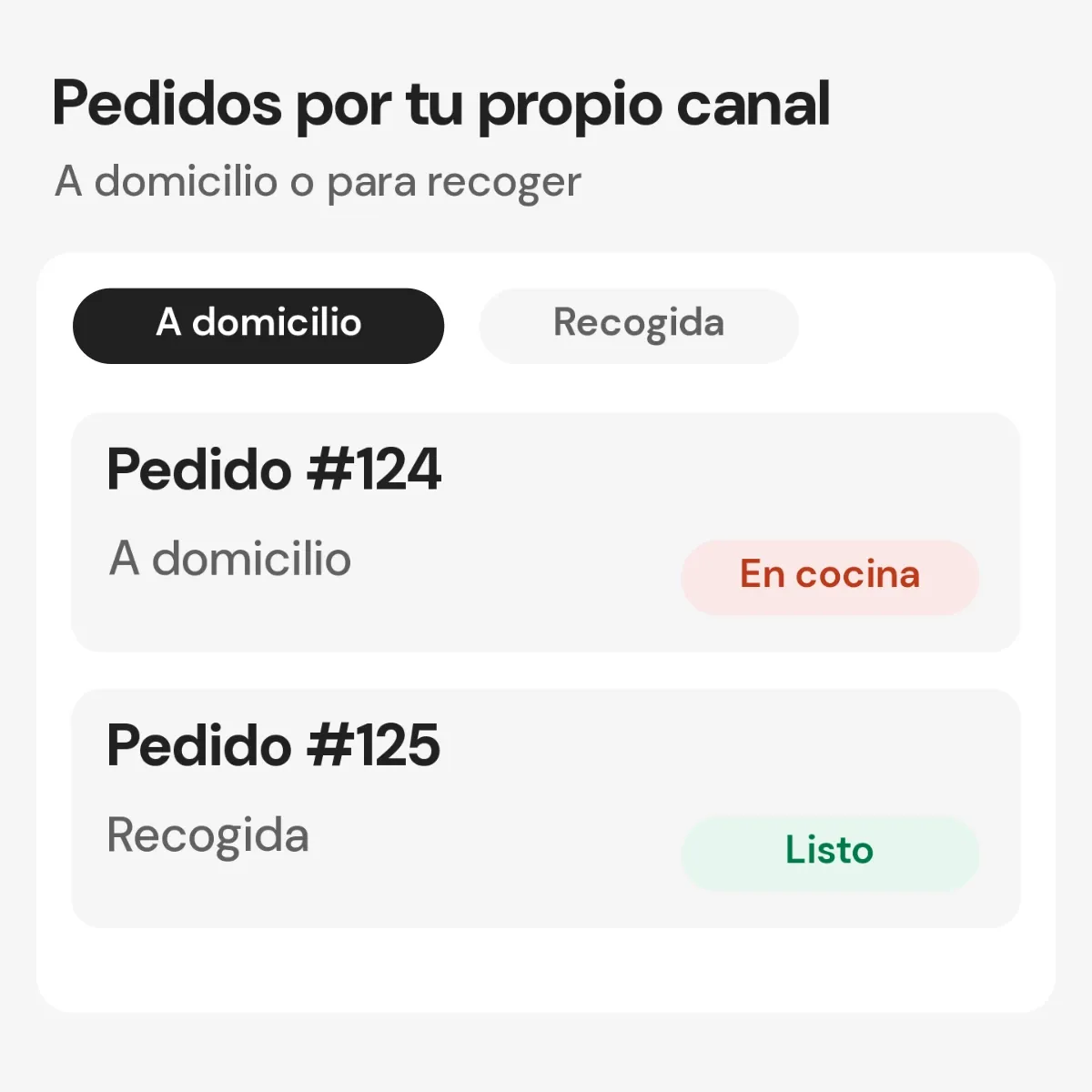 Pedidos del canal propio, separados por entrega a domicilio y recogida.