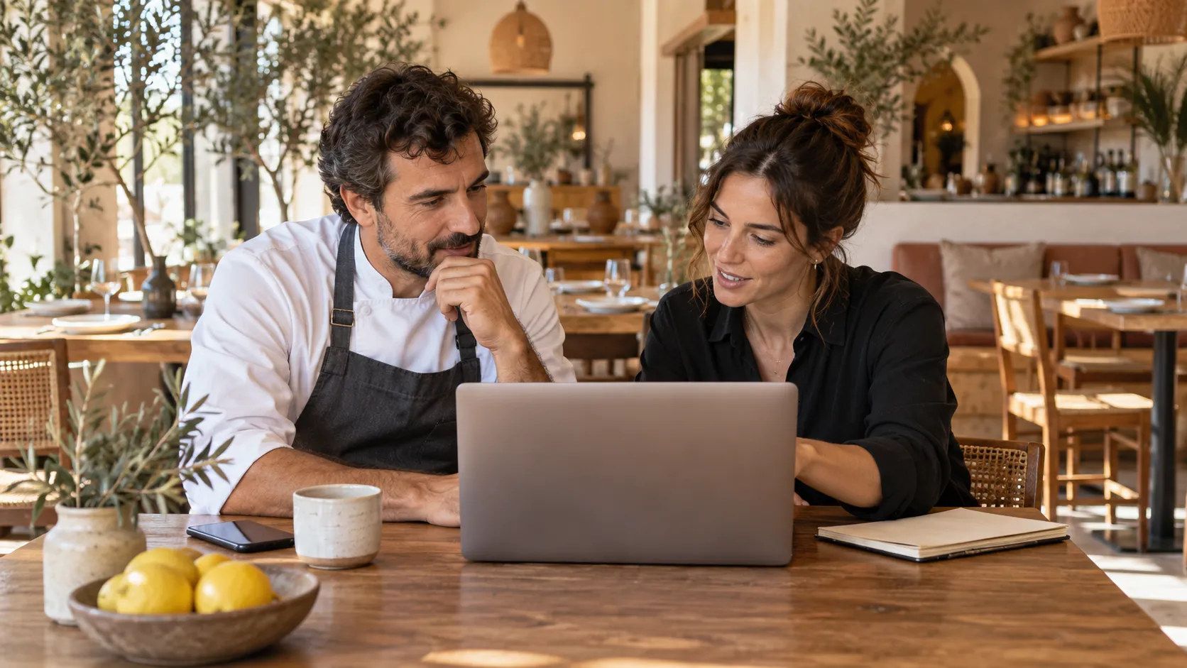 Responsable del restaurante revisando el trabajo con su equipo