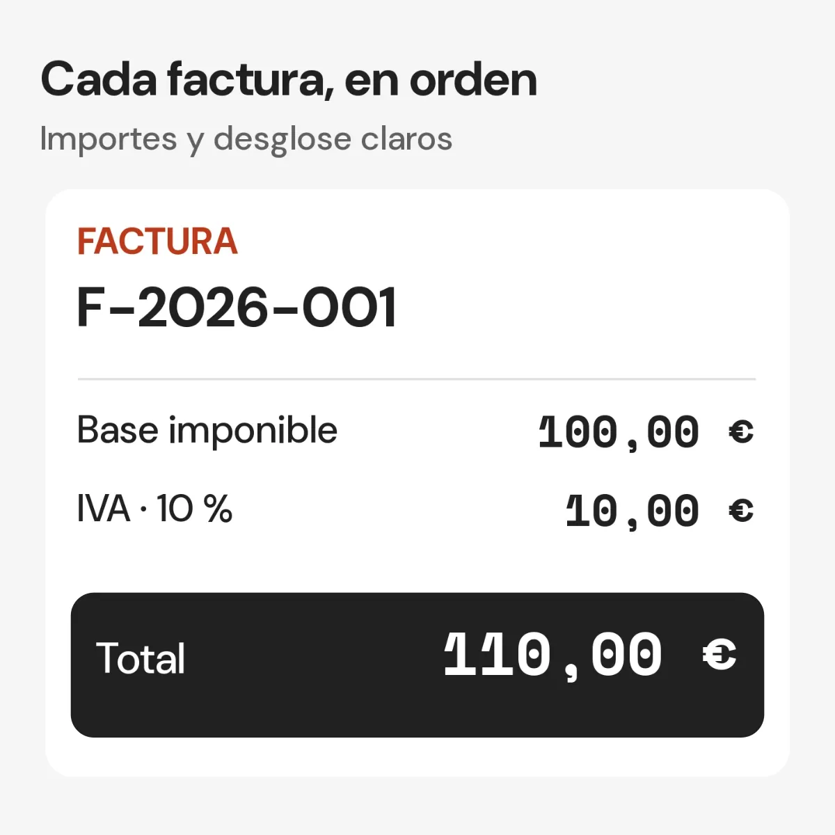 Factura con base imponible, IVA y total desglosados.