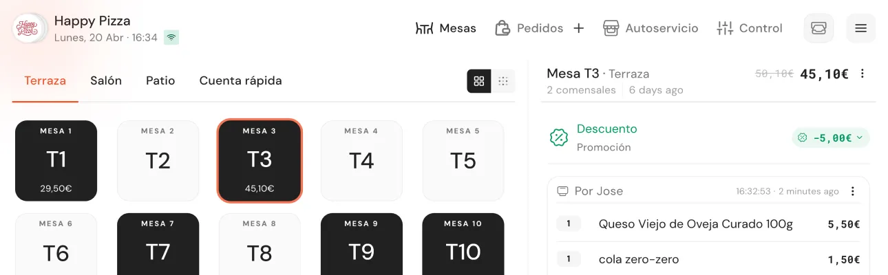 TPV de Qamarero con mapa de mesas