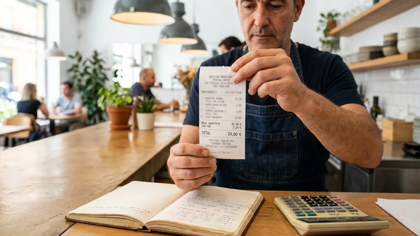 Hostelero revisando el IVA de un ticket de restaurante con base imponible, IVA 10% y total
