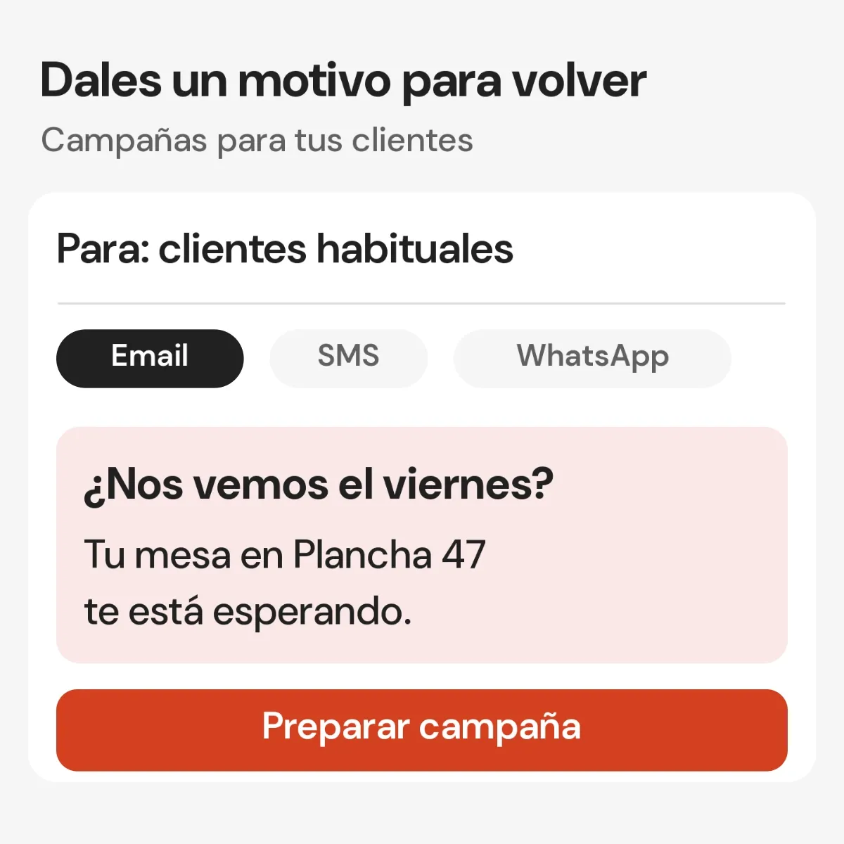 Campaña dirigida a clientes habituales con selección de canal y mensaje.