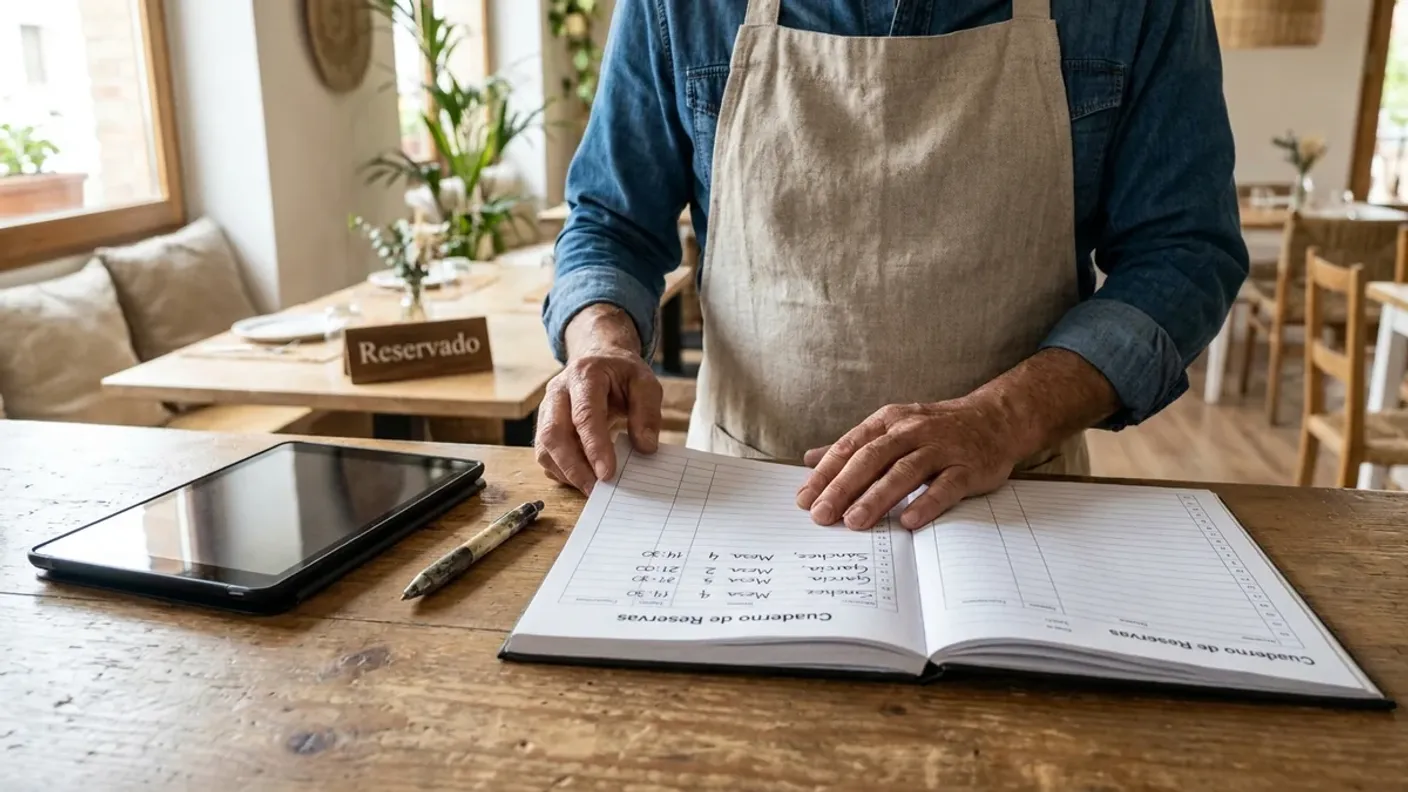 Un hostelero con delantal revisa el cuaderno de reservas de su restaurante junto a una tablet sobre la barra, con una mesa reservada al fondo; la imagen ilustra la elección de software de reservas.