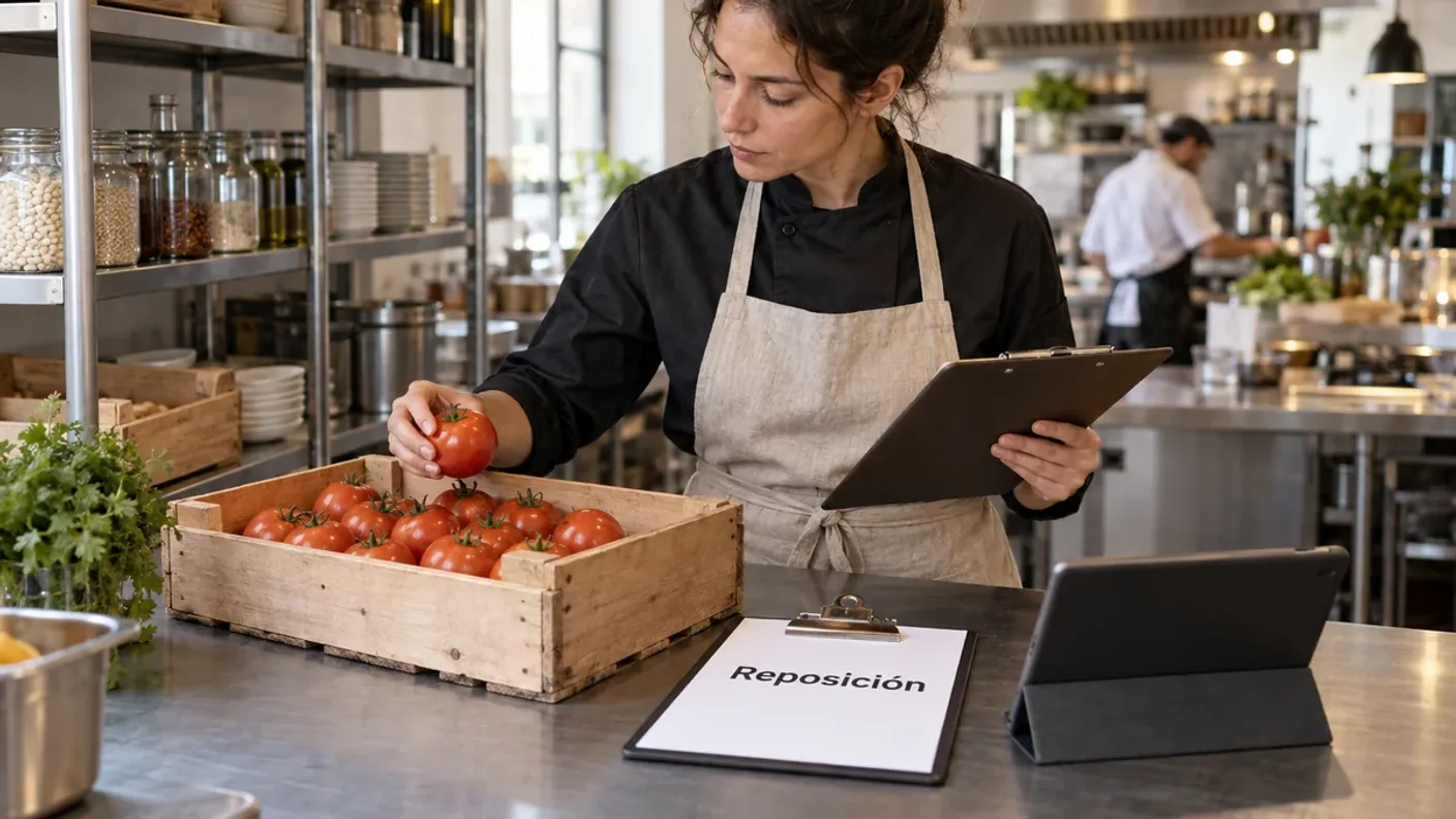 Responsable de cocina revisando existencias y un pedido de reposición en el almacén de un restaurante.