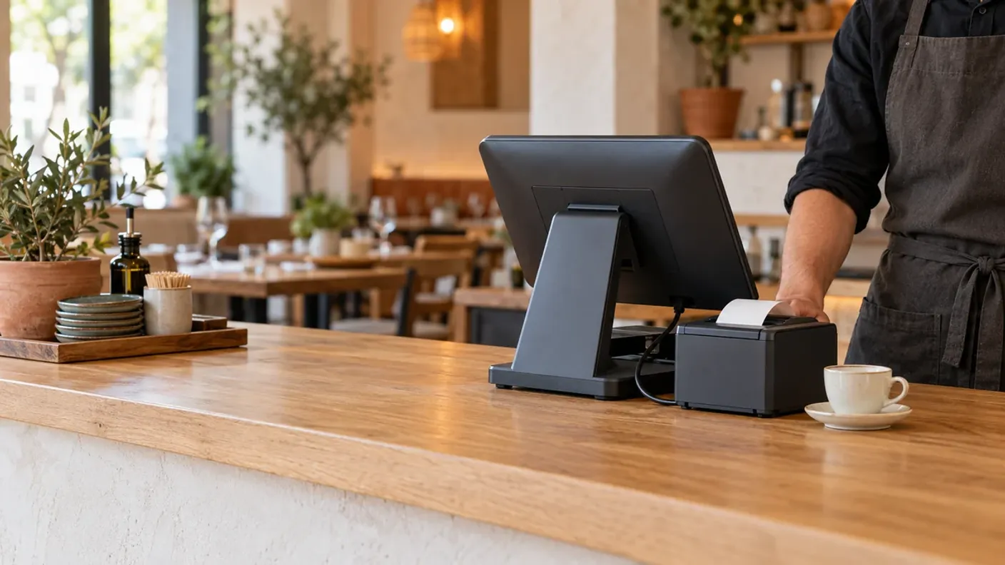 Terminal de punto de venta e impresora de tickets sobre la barra de un restaurante.