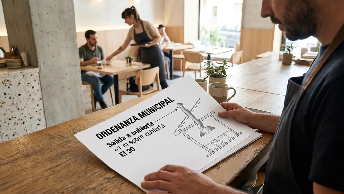 Hostelero revisando la ordenanza municipal de salida de humos de su bar: salida a cubierta, +1 m sobre cubierta y conducto EI 30