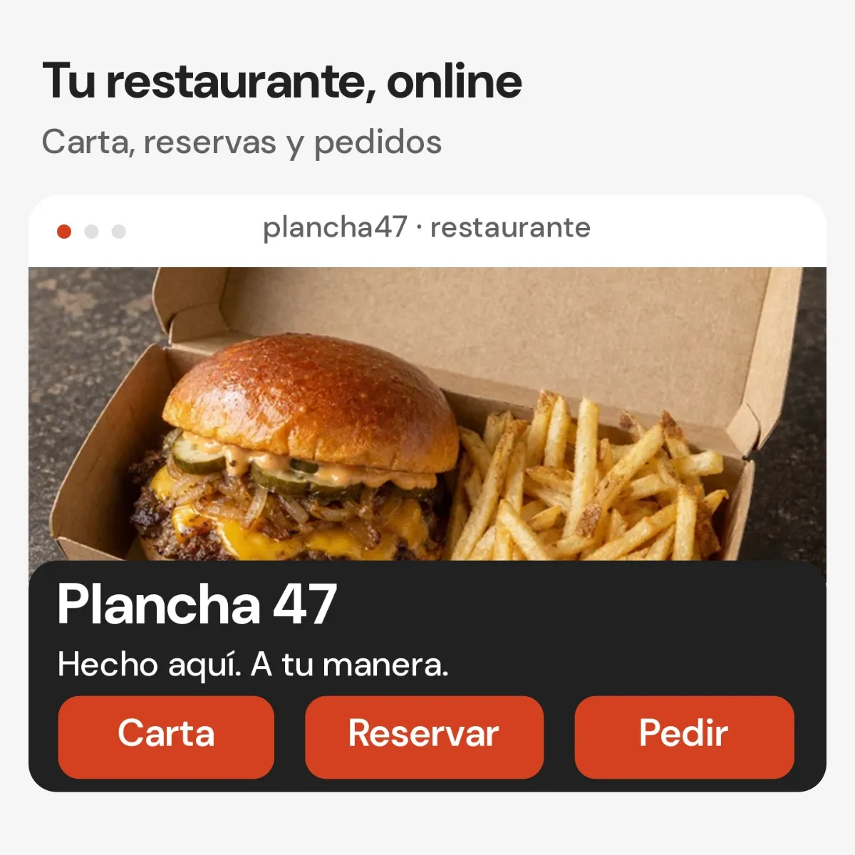 Web de Plancha 47 con fotografía y accesos a carta, reservas y pedidos.