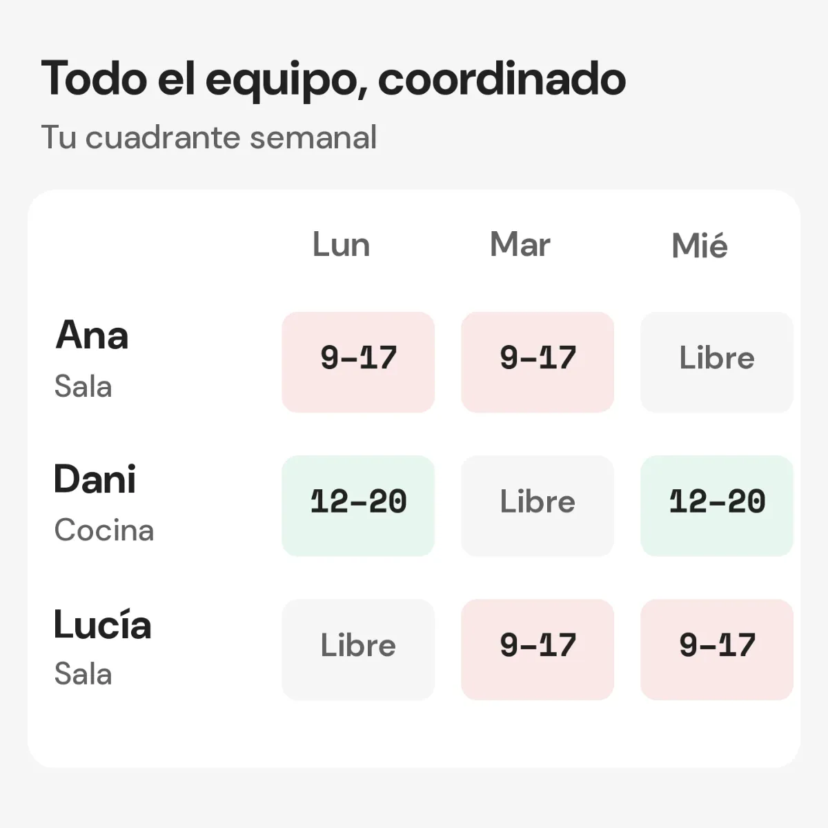 Cuadrante con personal de sala y cocina, horarios y días libres.