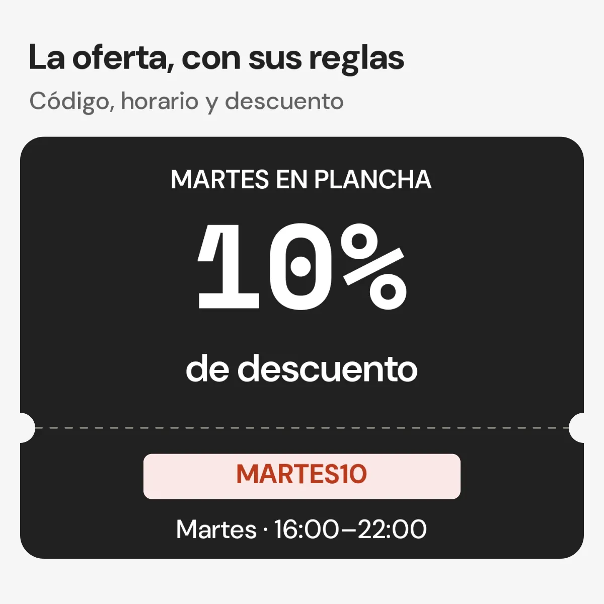 Cupón del 10 por ciento con código MARTES10 y horario de uso.