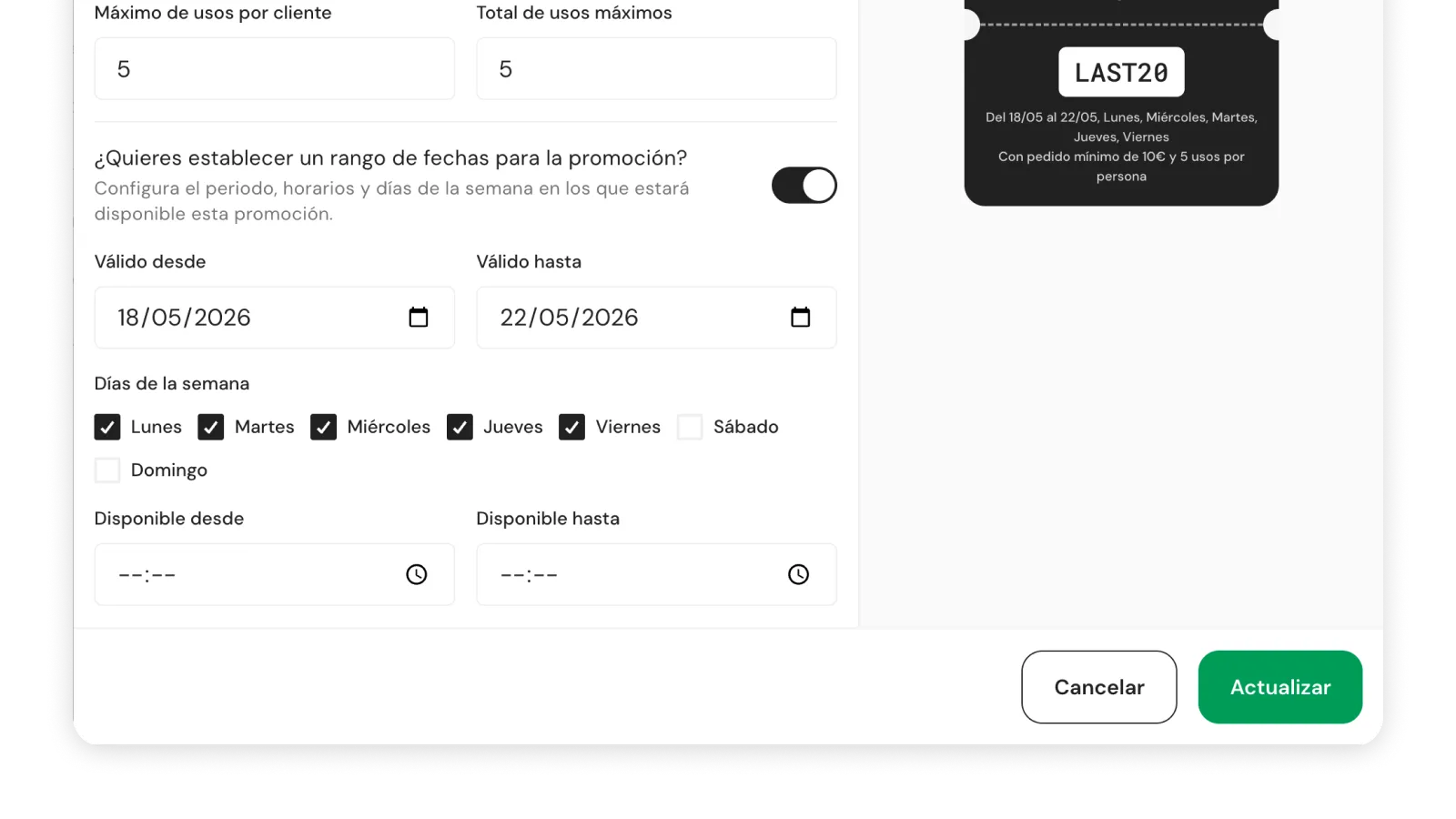 Configuración de límites de una promo: fechas, usos máximos y canales