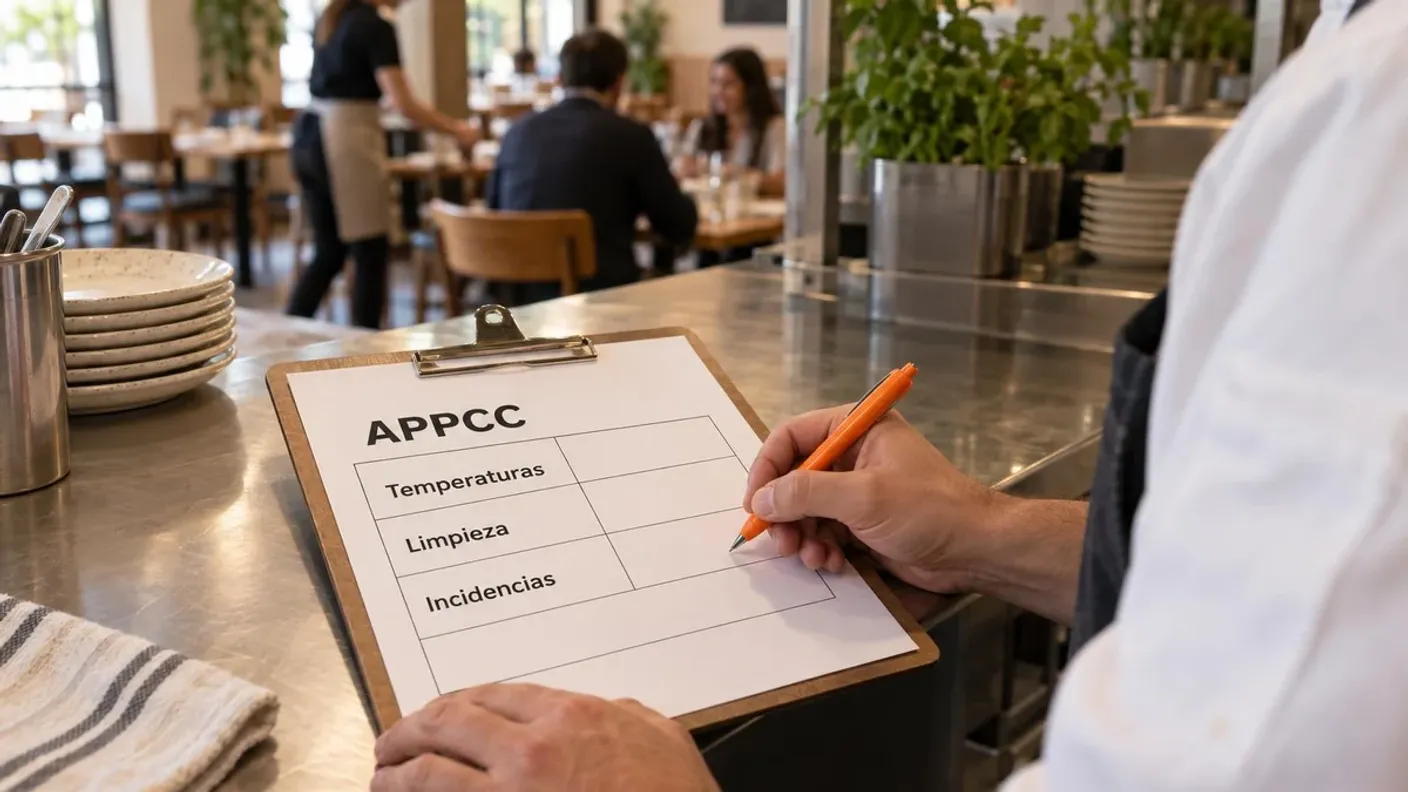 Hostelero revisa una hoja APPCC de temperaturas, limpieza e incidencias en el mostrador de un restaurante