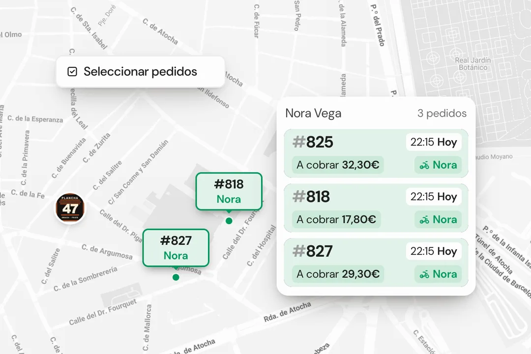 Selección de pedidos en el mapa de reparto
