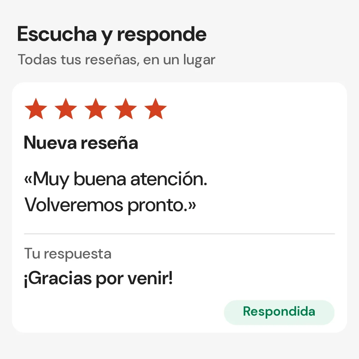 Reseña de cinco estrellas y la respuesta del restaurante.