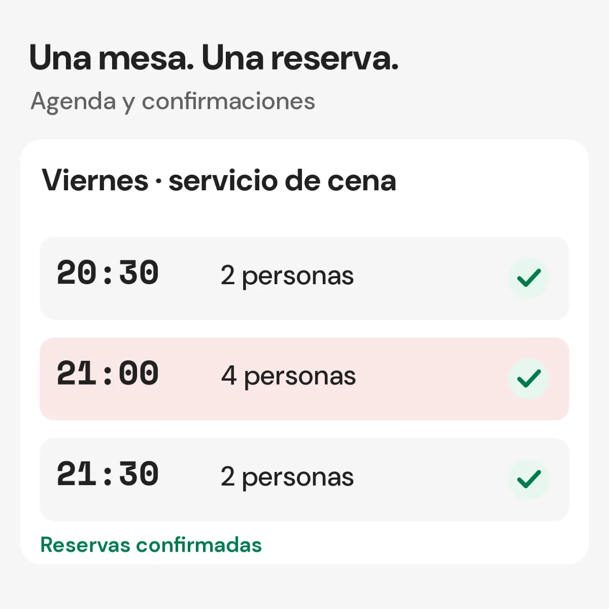 Agenda de reservas con hora, número de personas y confirmación.