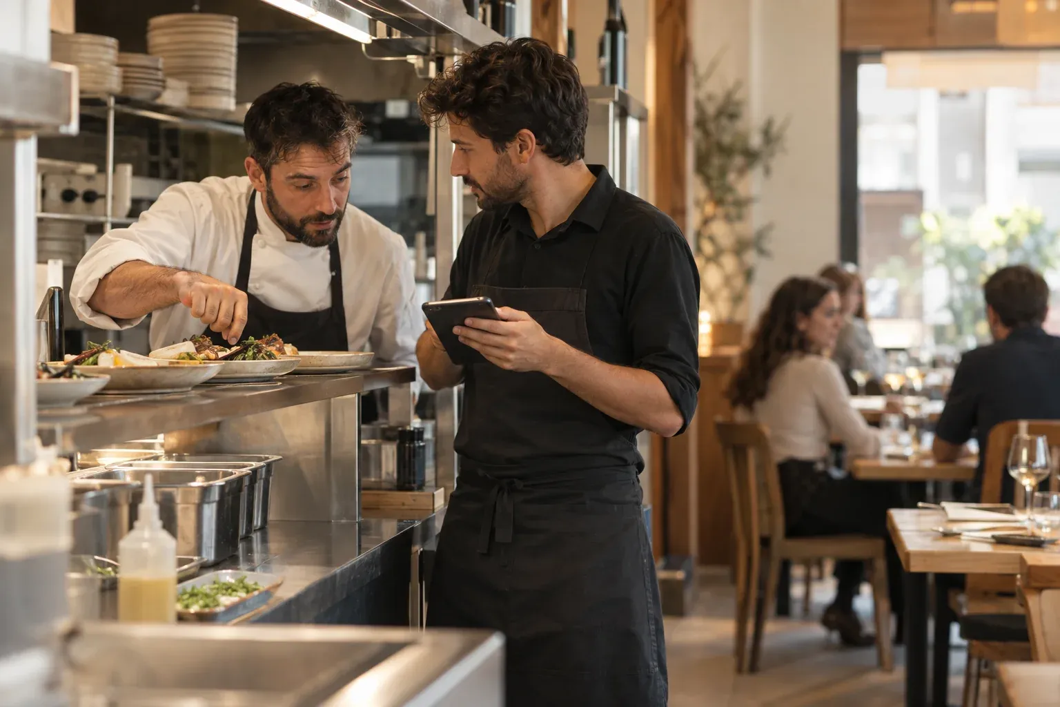 Escena de un camarero y un cocinero coordinando un pedido durante el servicio