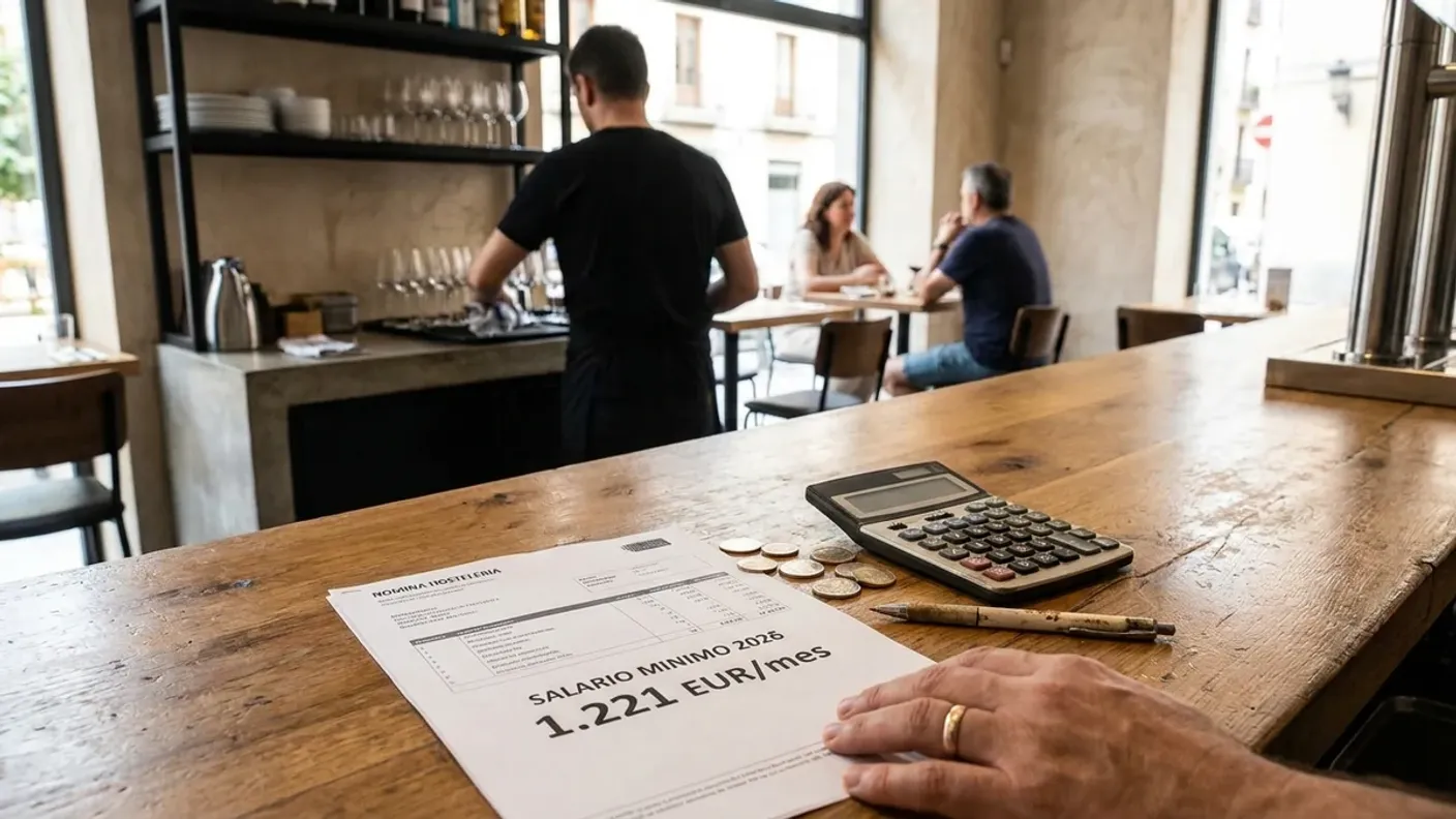 Una nómina de hostelería sobre la barra de un bar muestra el salario mínimo de 2026, 1.221 euros al mes, junto a una calculadora y monedas de euro; al fondo, un camarero atiende el local.