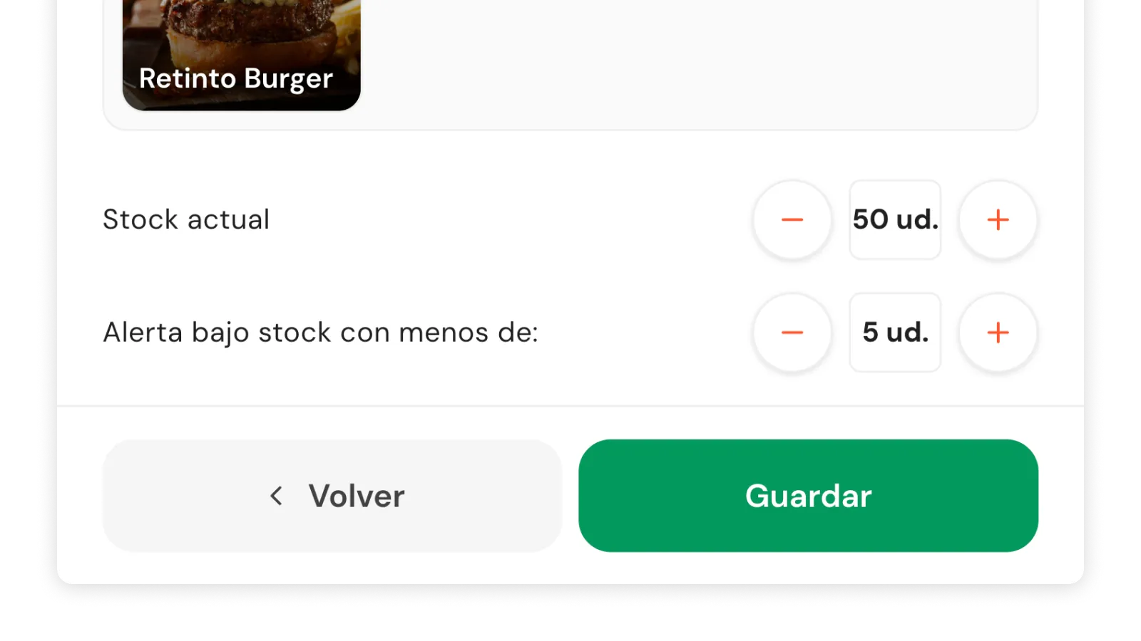 Formulario de configuración de un item de stock con cantidad actual y umbral de aviso