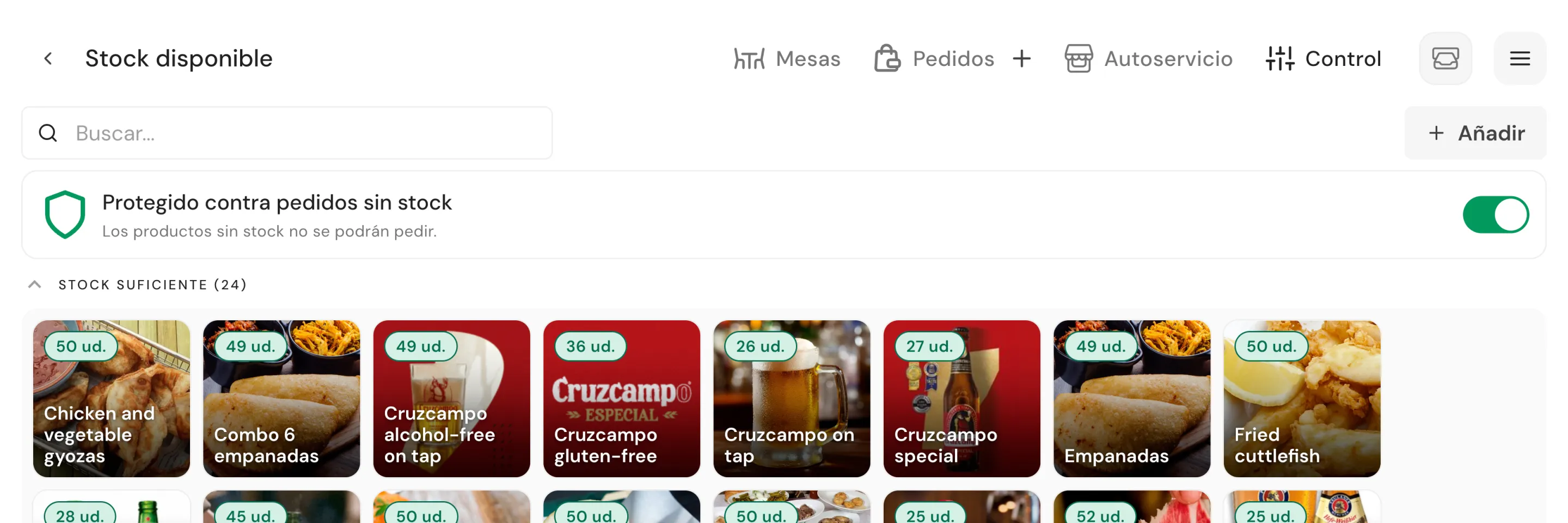 Panel de stock con listado de productos activos y estados disponible, por agotarse y agotado