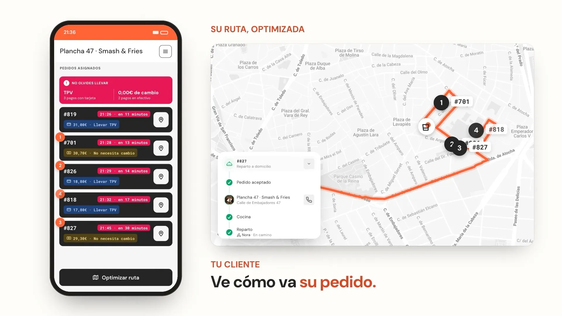 Vista de la app del rider junto al mapa con la ruta y las paradas numeradas