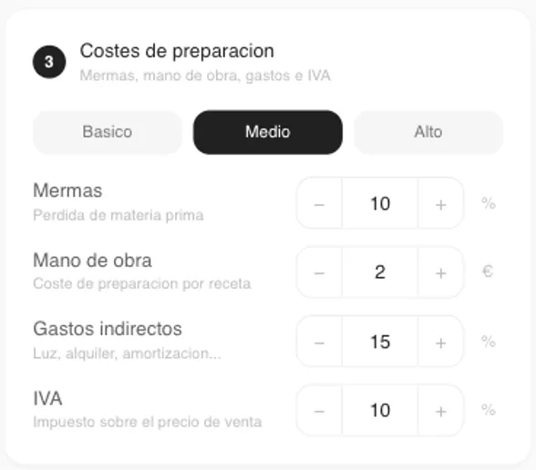 Configuración de mermas, mano de obra y gastos indirectos
