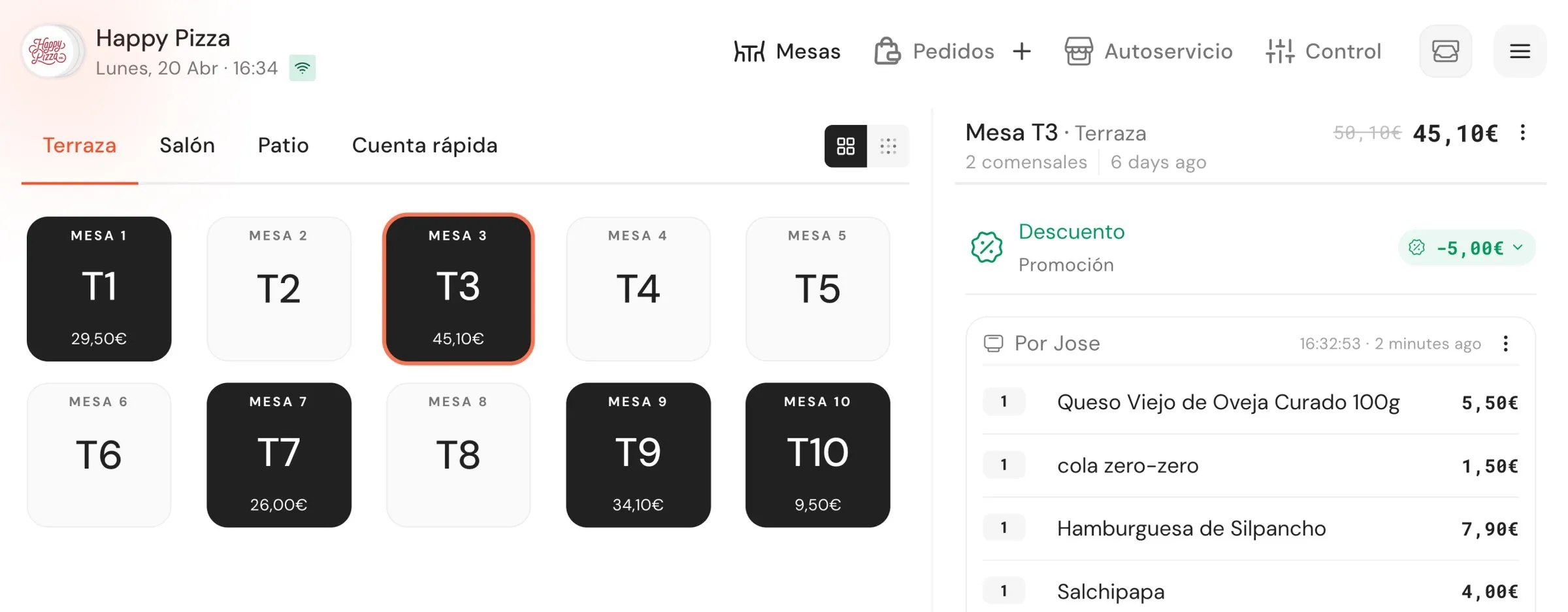 Qamarero POS screen managing a table service