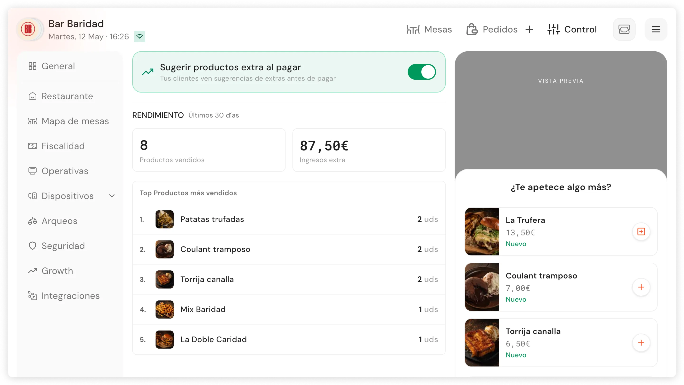Dashboard metriche di Upselling con conversione e ricavi extra