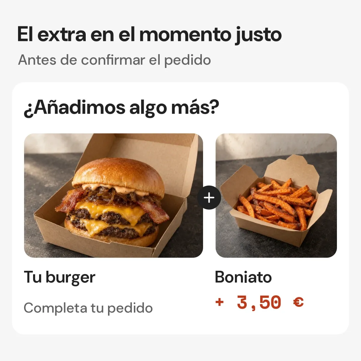 Sugerencia de boniato como extra de la hamburguesa antes de confirmar el pedido.